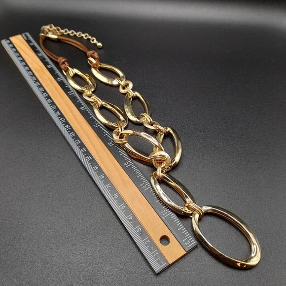 Chico's Golden Link Necklace, Brown Twisted Leather Cord, 25 Inches - Picture 10 of 12